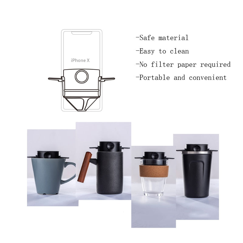 Reusable Coffee Filter Portable Coffee Travel Cup Set Stainless Steel Hand Brew Coffee Dripper Foldable Stand Coffee Dripper