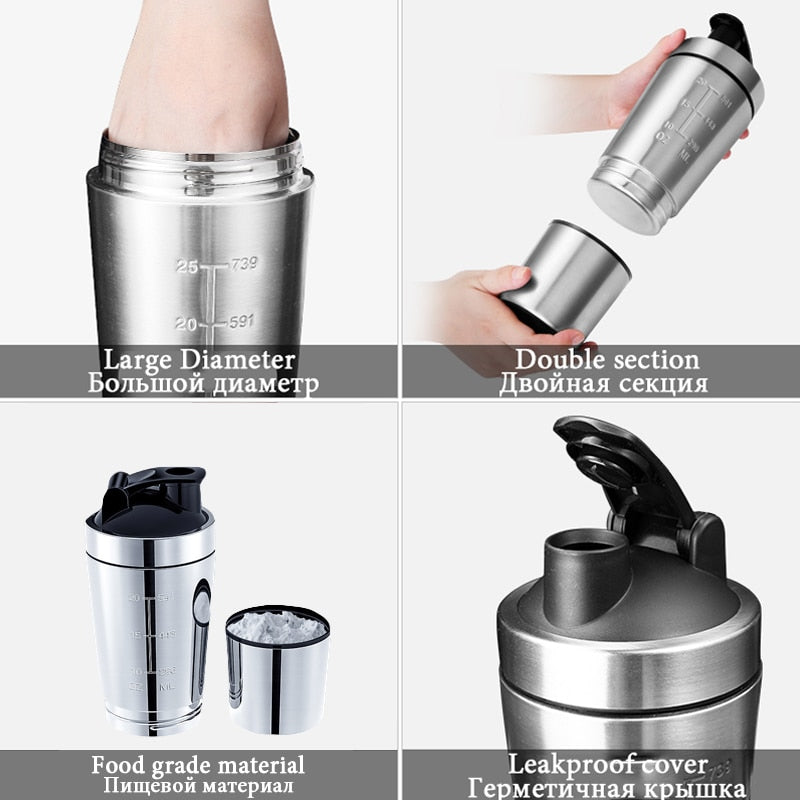 750Ml Water Shaker Bottle for Sport Protein Whey Protein Mixing 304 Stainless Steel Cup Outdoor Portable Detachable Drinkware