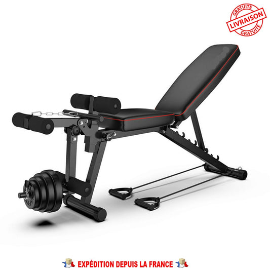 WEIGHT BENCH, RECLINING, ADJUSTABLE, WITH ELASTIC BAND, WEIGHT DISC HOLDER, FREE SHIPPING