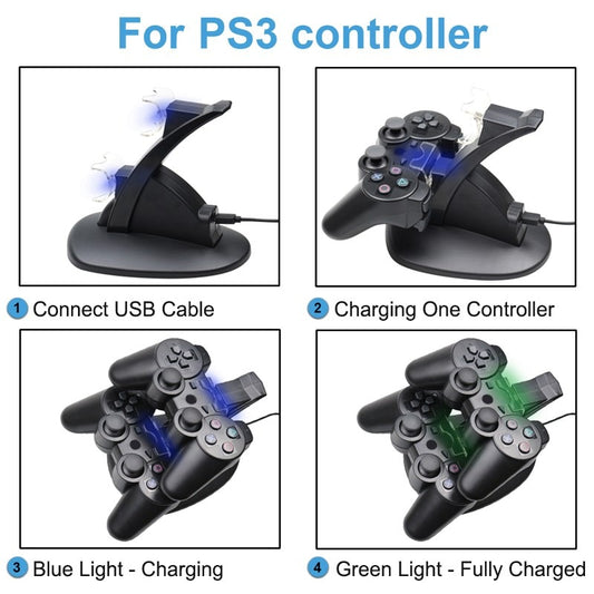 Dual Charger For PS3 Charging Dock Stand + USB Cable For Sony PlayStation 3 Controller Console Free Shipping